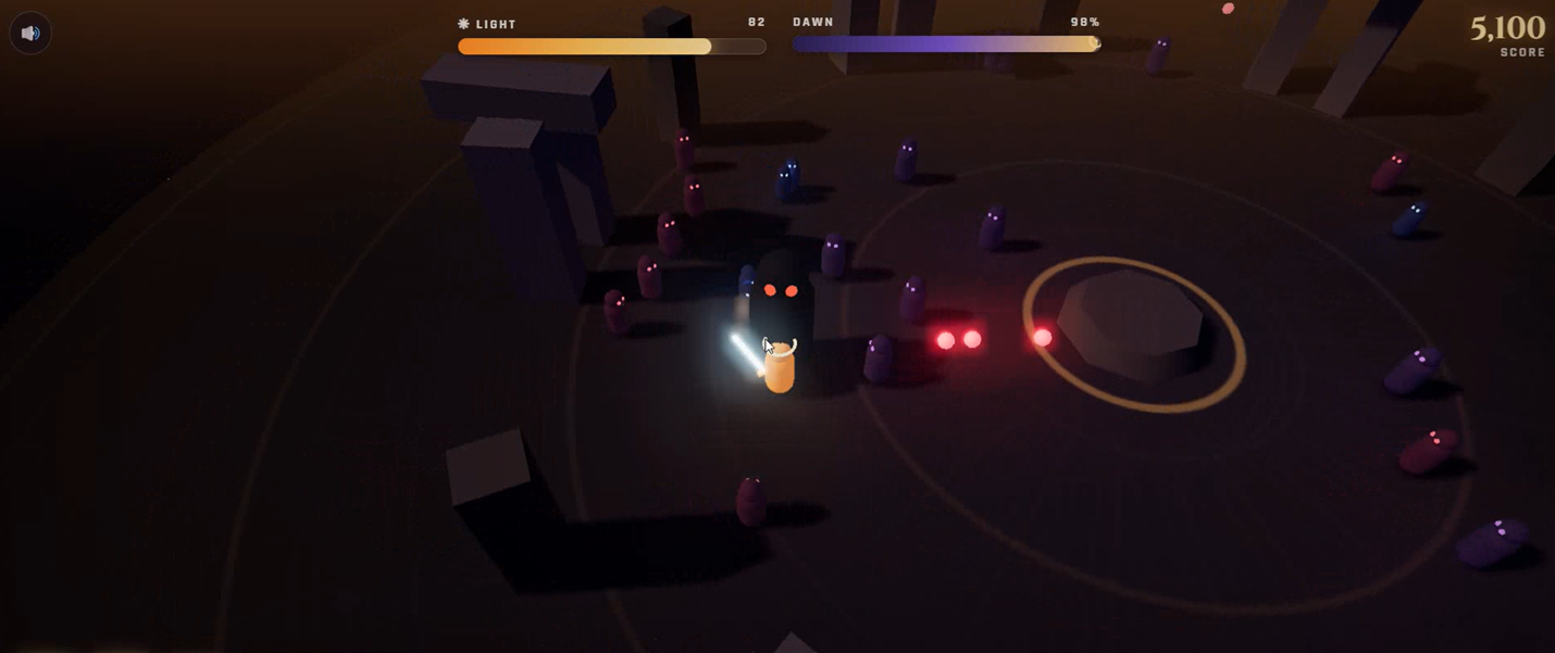 SOLSTICE gameplay — the Sunbearer fights shadow creatures in a stone ring as Light and Dawn meters fill toward sunrise
